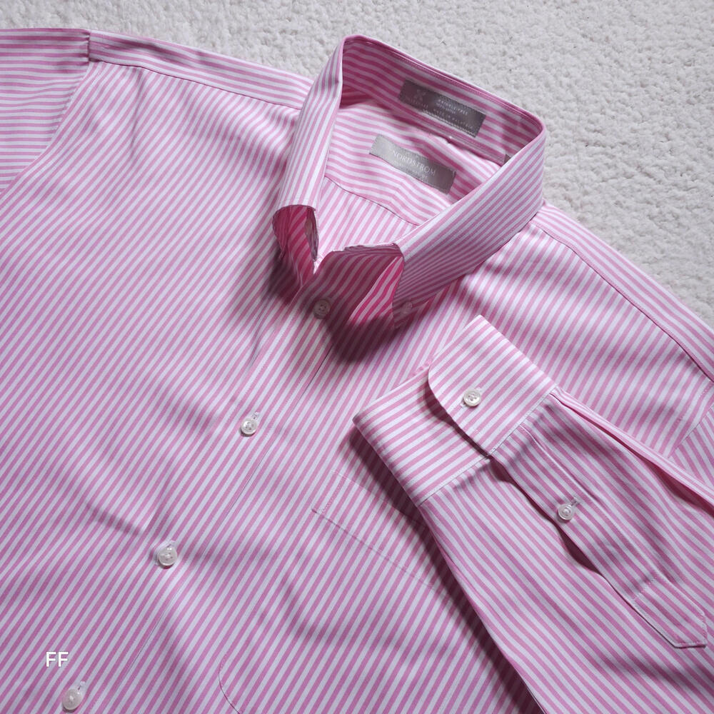 Nordstrom Men's Dress Shirt XL Pink White Striped 100% Cotton Traditional Fit